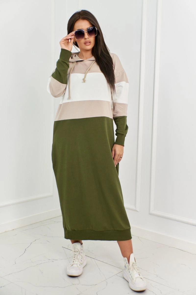 Tricolor dress with hood 9574 / – Khaki цвет / color | Lexline Fashion