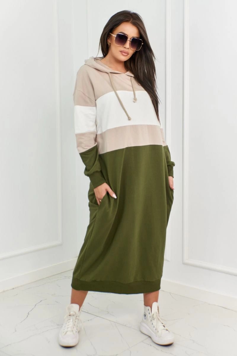 Tricolor dress with hood 9574 / – Khaki цвет / color | Lexline Fashion