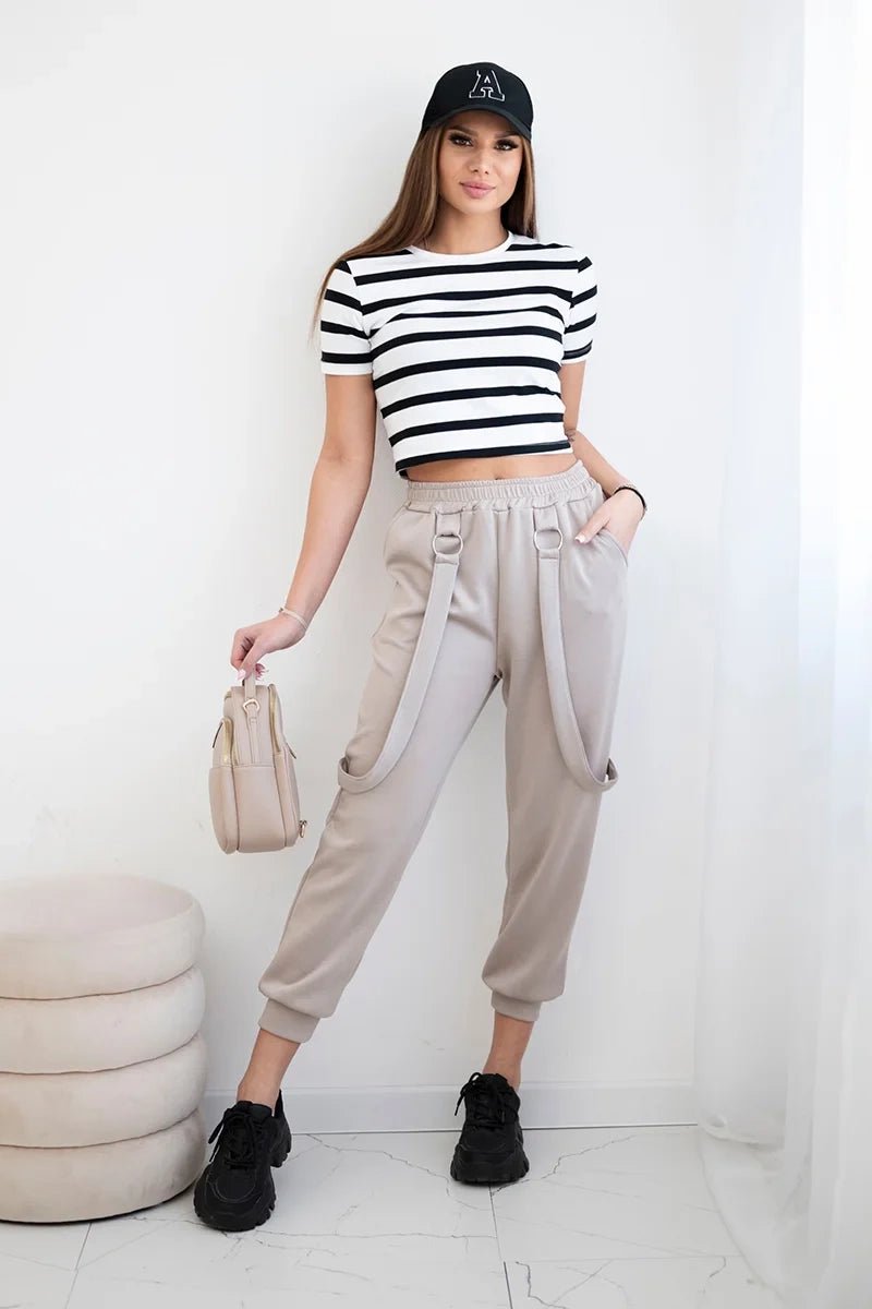 Trousers with decorative stripes 6758 - 1 / – Dark || beige цвет / color | Lexline Fashion