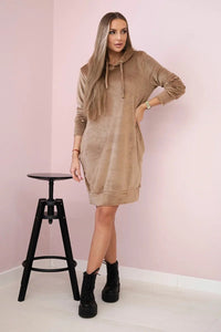 Velor dress with a hood 9366 / – Beige цвет / color | Lexline Fashion