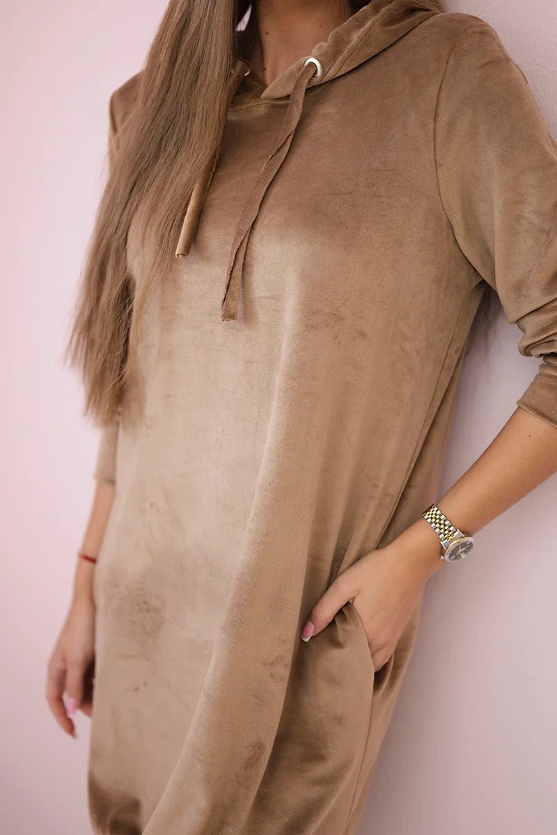 Velor dress with a hood 9366 / – Beige цвет / color | Lexline Fashion