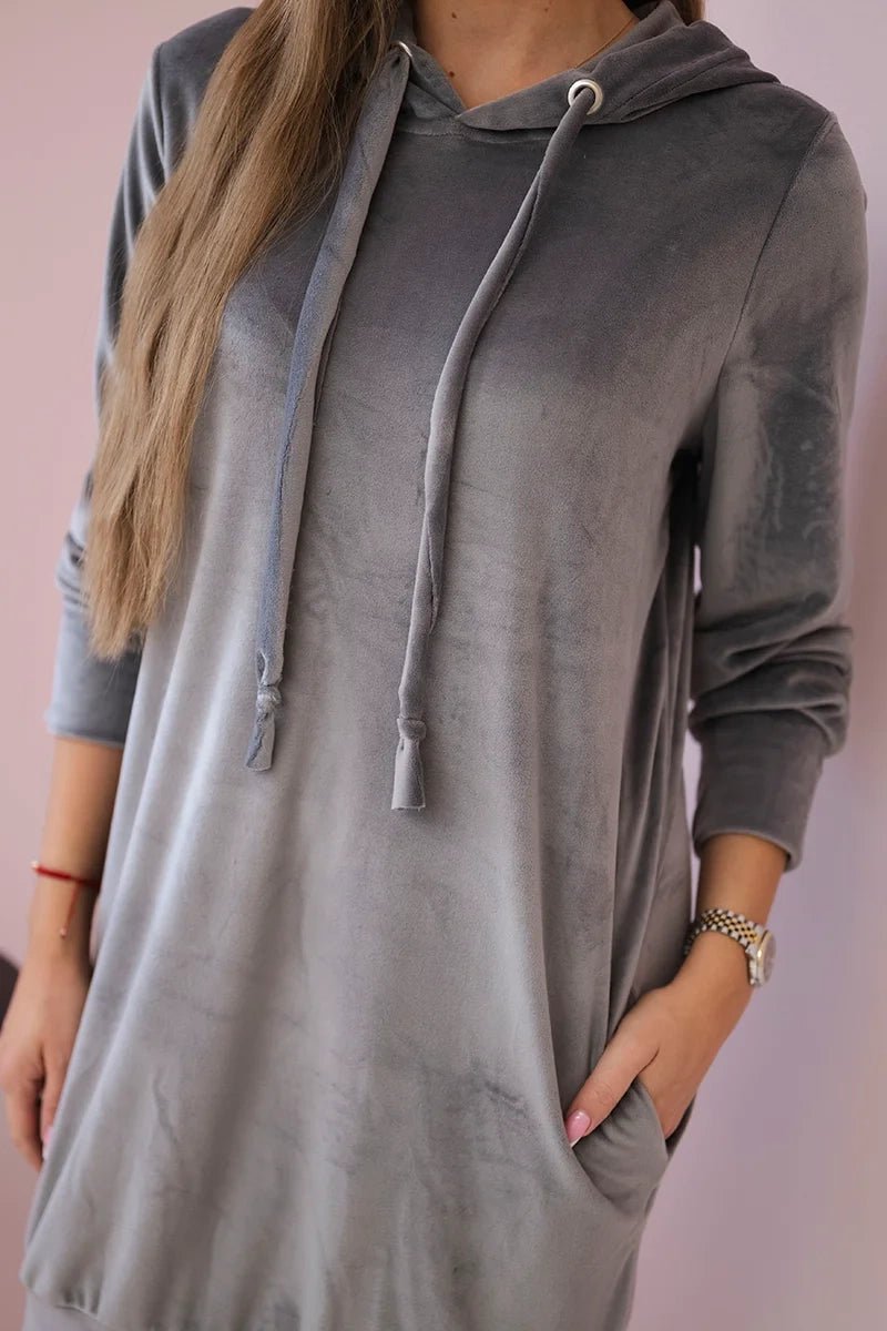 Velor dress with a hood 9366 / – Gray цвет / color | Lexline Fashion