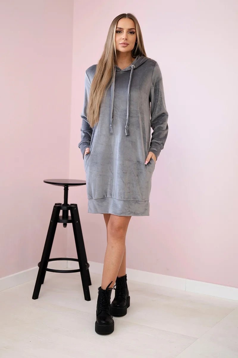 Velor dress with a hood 9366 / – Gray цвет / color | Lexline Fashion