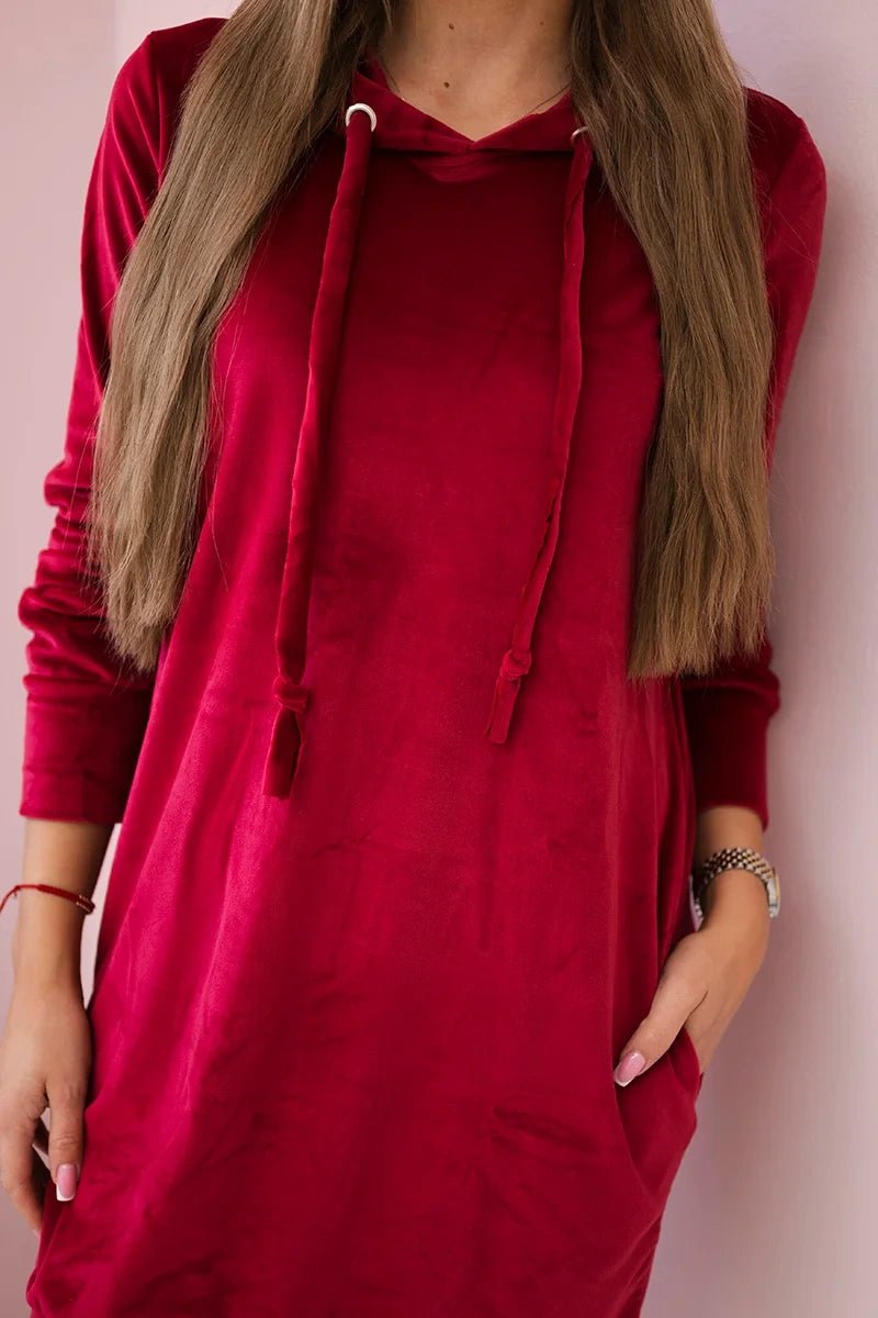 Velor dress with a hood 9366 / – Maroon цвет / color | Lexline Fashion
