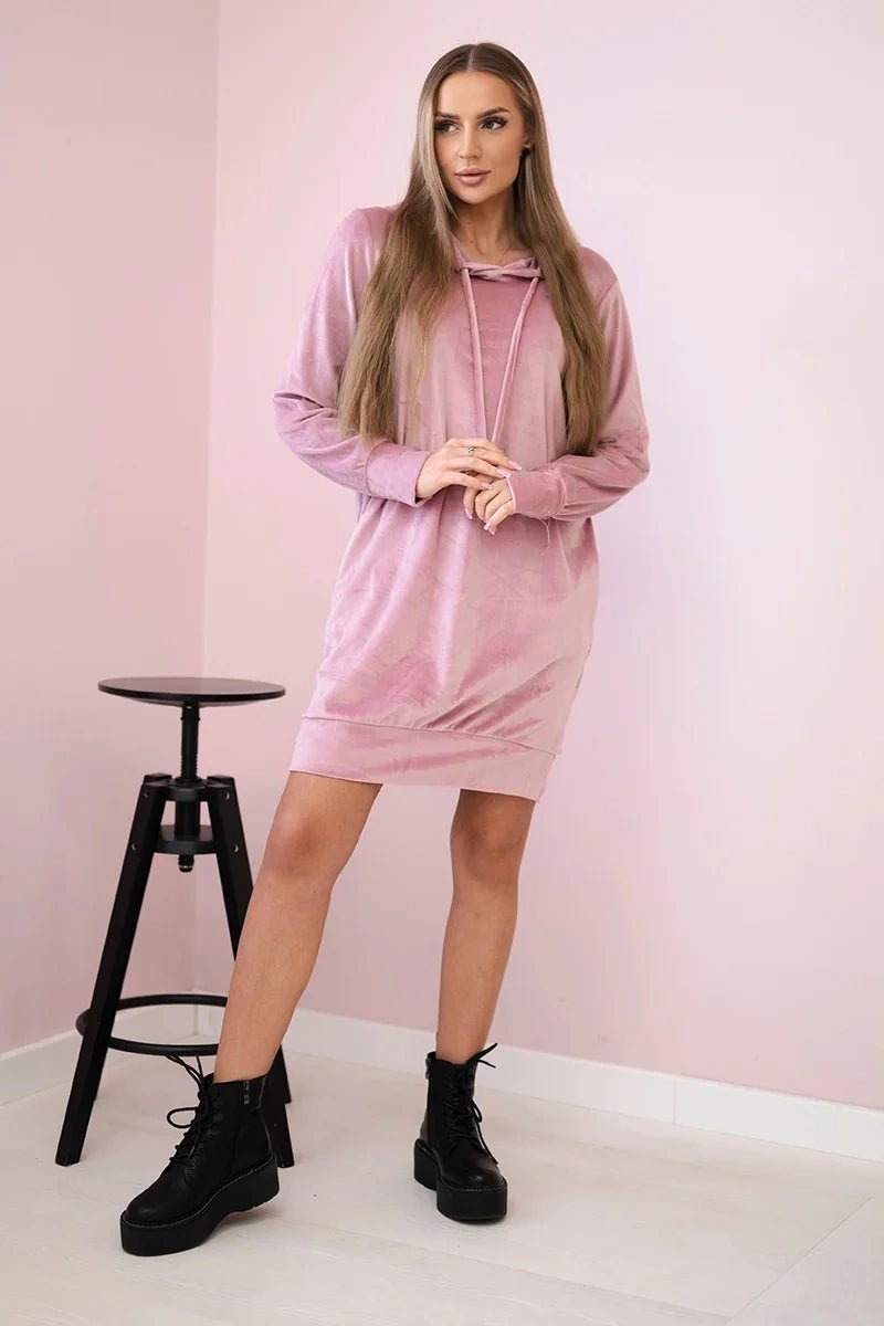 Velor dress with a hood 9366 / – Pink || Dark цвет / color | Lexline Fashion