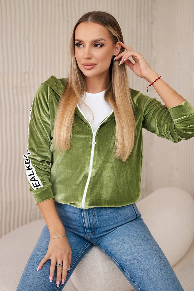 Velor sweatshirt with a hood 9101 / – Green цвет / color | Lexline Fashion