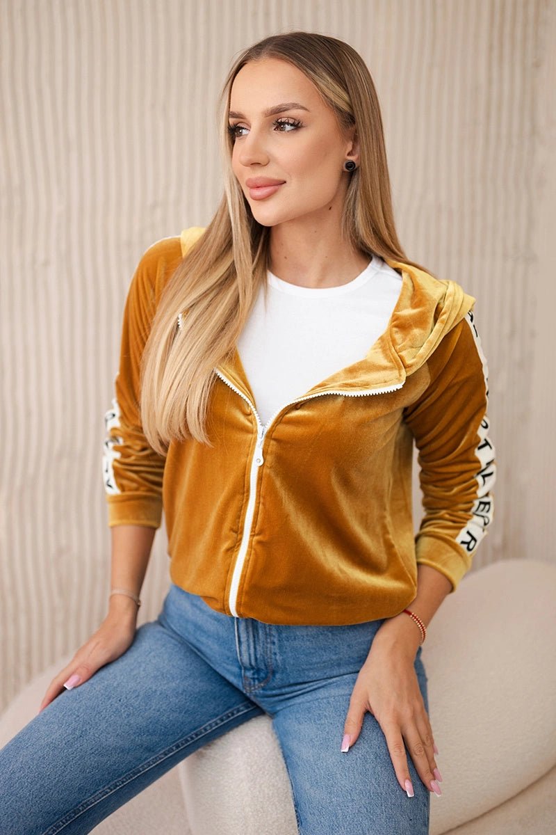 Velor sweatshirt with a hood 9101 / – Mustard цвет / color | Lexline Fashion