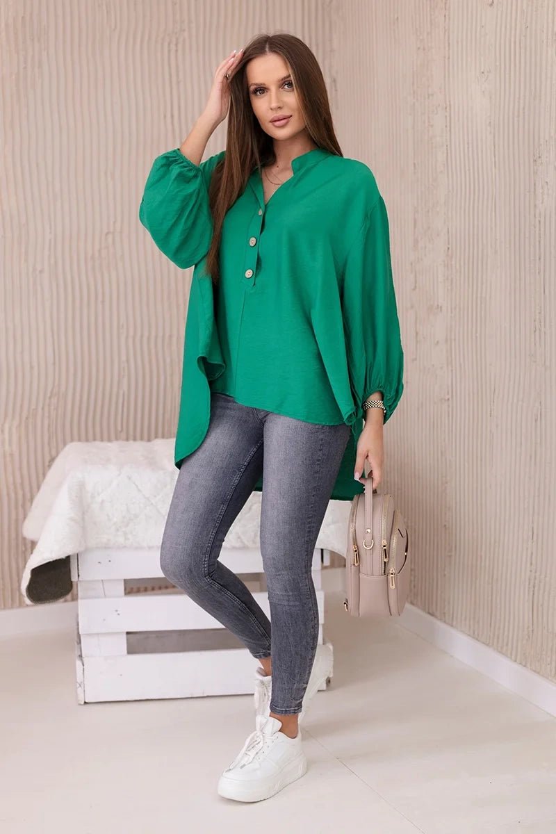 Viscose blouse with a longer back 23076 / – Green цвет / color | Lexline Fashion