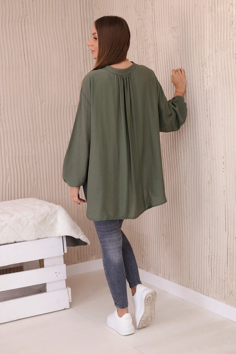 Viscose blouse with a longer back 23076 / – Khaki цвет / color | Lexline Fashion