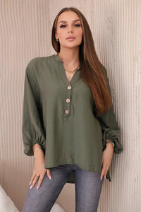 Viscose blouse with a longer back 23076 / – Khaki цвет / color | Lexline Fashion