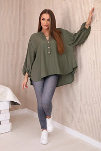 Viscose blouse with a longer back 23076 / – Khaki цвет / color | Lexline Fashion