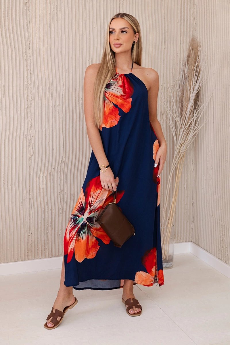 Viscose dress tied around the neck ART2760 / – Navy blue цвет / color | Lexline Fashion