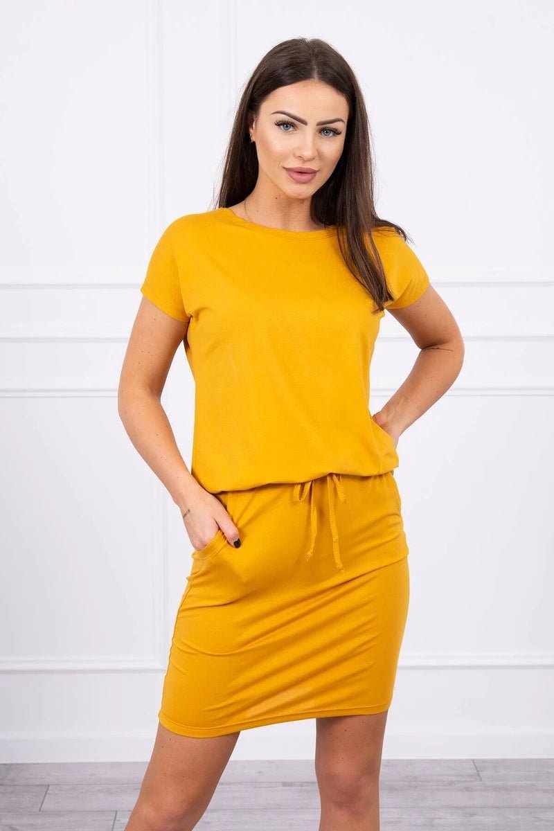 Viscose dress tied at the waist with short sleeves 9074 / – Mustard цвет / color | Lexline Fashion
