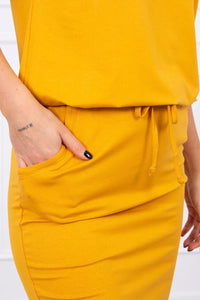 Viscose dress tied at the waist with short sleeves 9074 / – Mustard цвет / color | Lexline Fashion