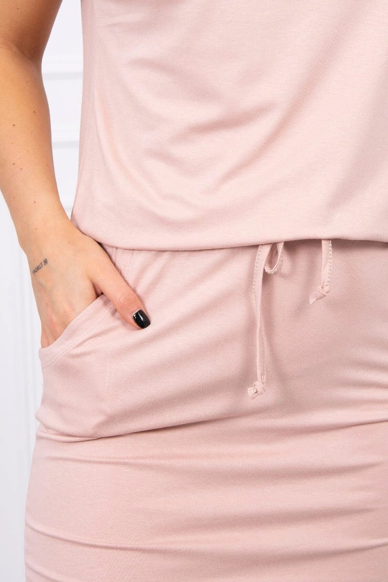 Viscose dress tied at the waist with short sleeves 9074 / – Powder || Dark цвет / color | Lexline Fashion