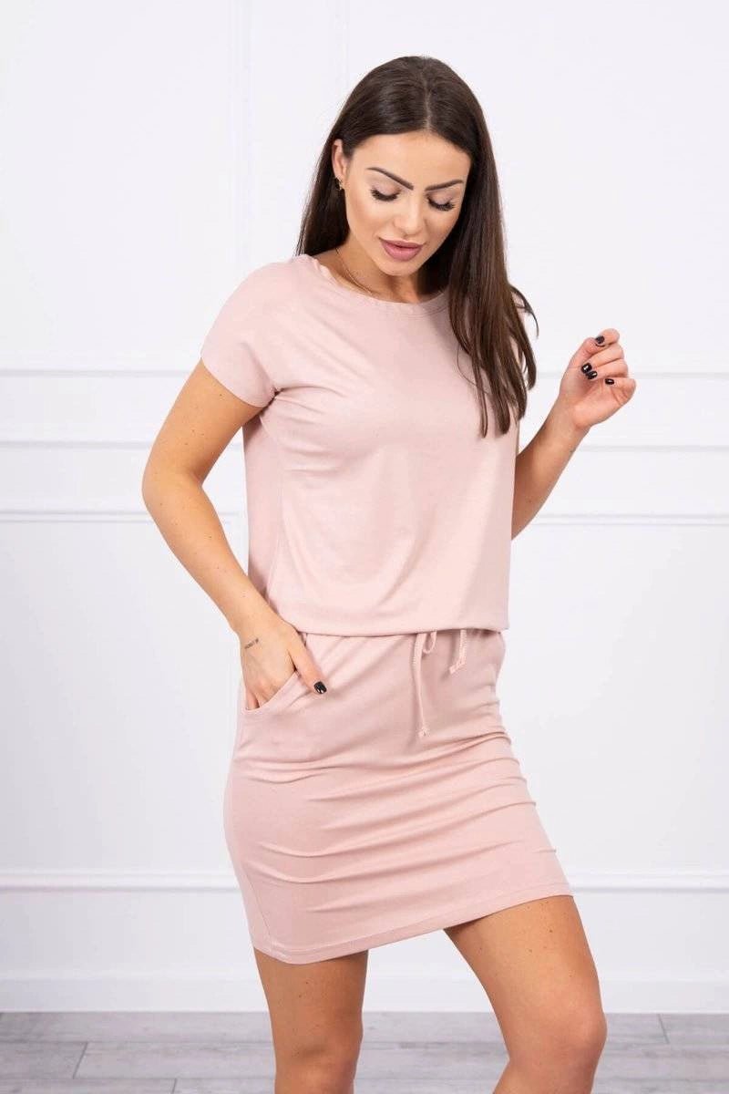 Viscose dress tied at the waist with short sleeves 9074 / – Powder || Dark цвет / color | Lexline Fashion
