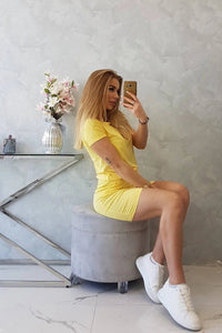 Viscose dress tied at the waist with short sleeves 9074 / – Yellow цвет / color | Lexline Fashion