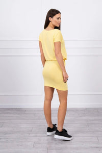 Viscose dress tied at the waist with short sleeves 9074 / – Yellow цвет / color | Lexline Fashion