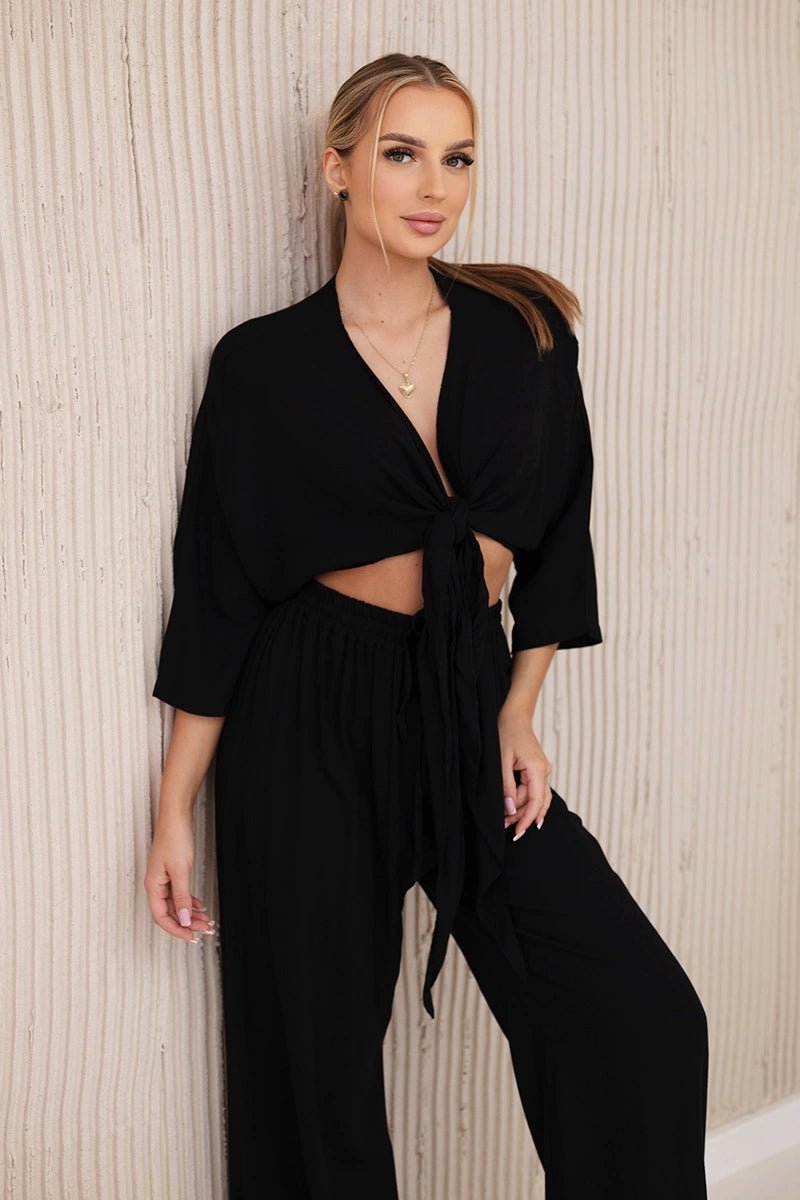Viscose set blouse tied at the bottom + trousers 6289 / – Black цвет / color | Lexline Fashion