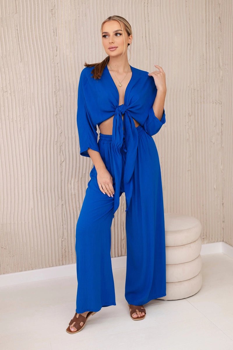 Viscose set blouse tied at the bottom + trousers 6289 / – Blue cornflower цвет / color | Lexline Fashion