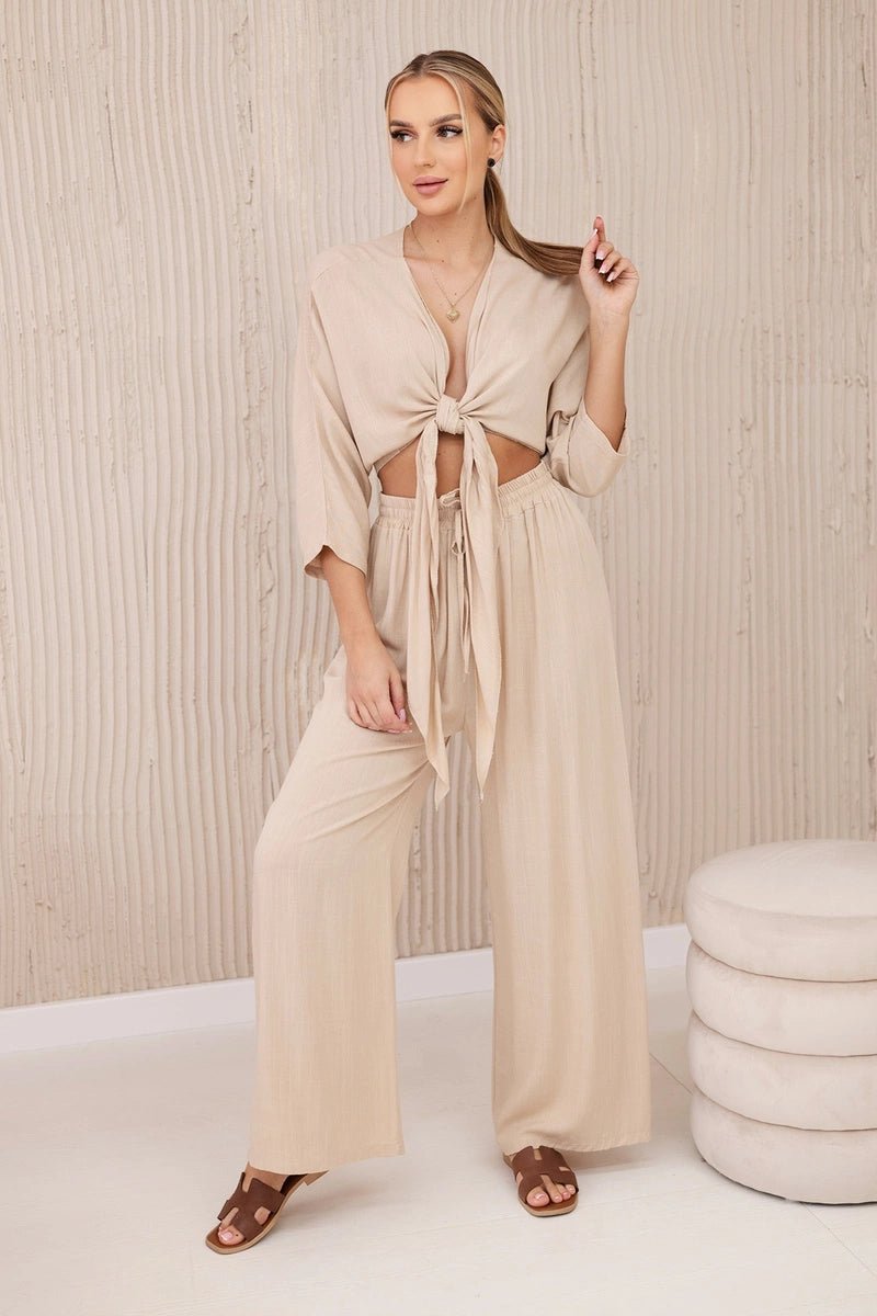 Viscose set blouse tied at the bottom + trousers 6289 / – Dark || beige цвет / color | Lexline Fashion