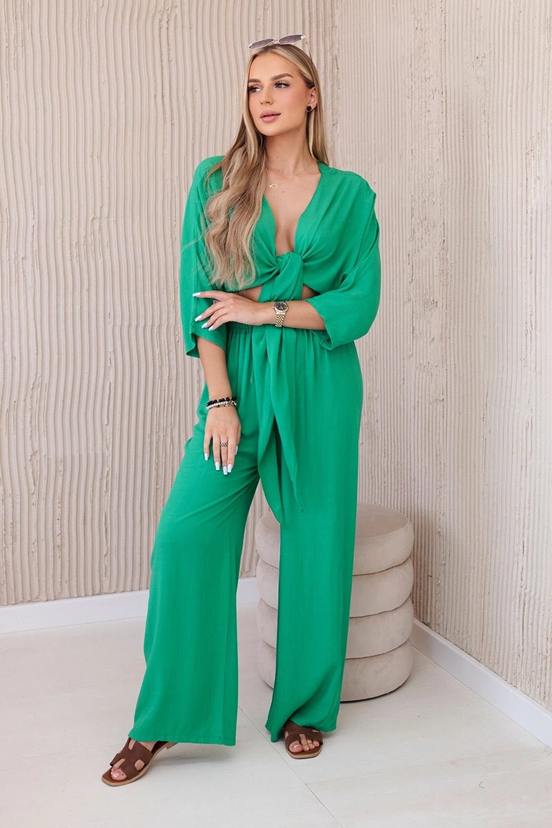 Viscose set blouse tied at the bottom + trousers 6289 / – Green цвет / color | Lexline Fashion