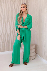 Viscose set blouse tied at the bottom + trousers 6289 / – Green цвет / color | Lexline Fashion