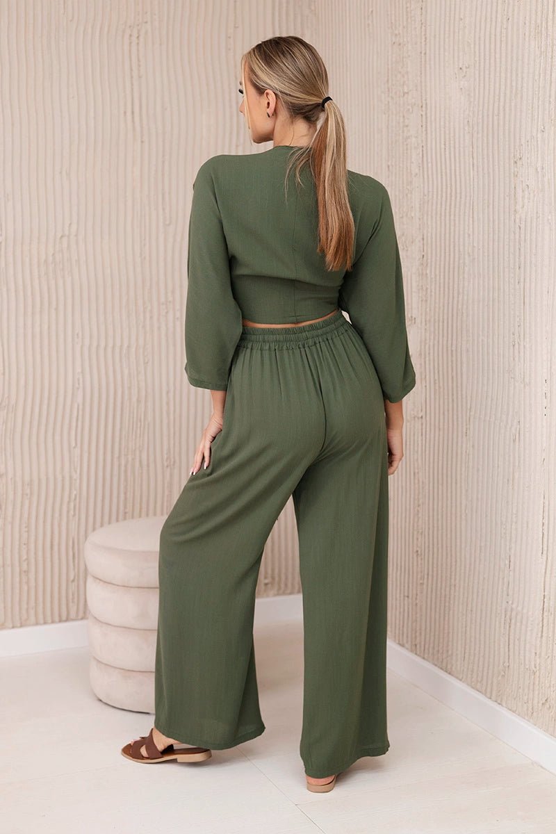 Viscose set blouse tied at the bottom + trousers 6289 / – Khaki цвет / color | Lexline Fashion