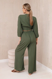 Viscose set blouse tied at the bottom + trousers 6289 / – Khaki цвет / color | Lexline Fashion