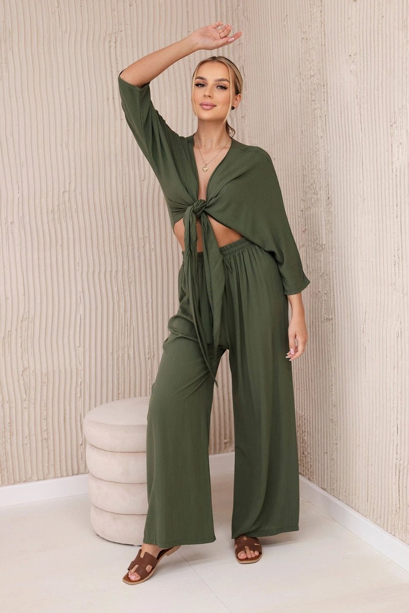Viscose set blouse tied at the bottom + trousers 6289 / – Khaki цвет / color | Lexline Fashion