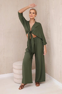 Viscose set blouse tied at the bottom + trousers 6289 / – Khaki цвет / color | Lexline Fashion