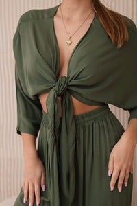 Viscose set blouse tied at the bottom + trousers 6289 / – Khaki цвет / color | Lexline Fashion