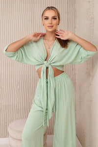 Viscose set blouse tied at the bottom + trousers 6289 / – Mint || Dark цвет / color | Lexline Fashion
