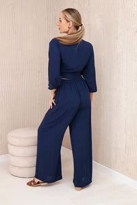 Viscose set blouse tied at the bottom + trousers 6289 / – Navy blue цвет / color | Lexline Fashion