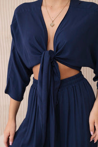 Viscose set blouse tied at the bottom + trousers 6289 / – Navy blue цвет / color | Lexline Fashion