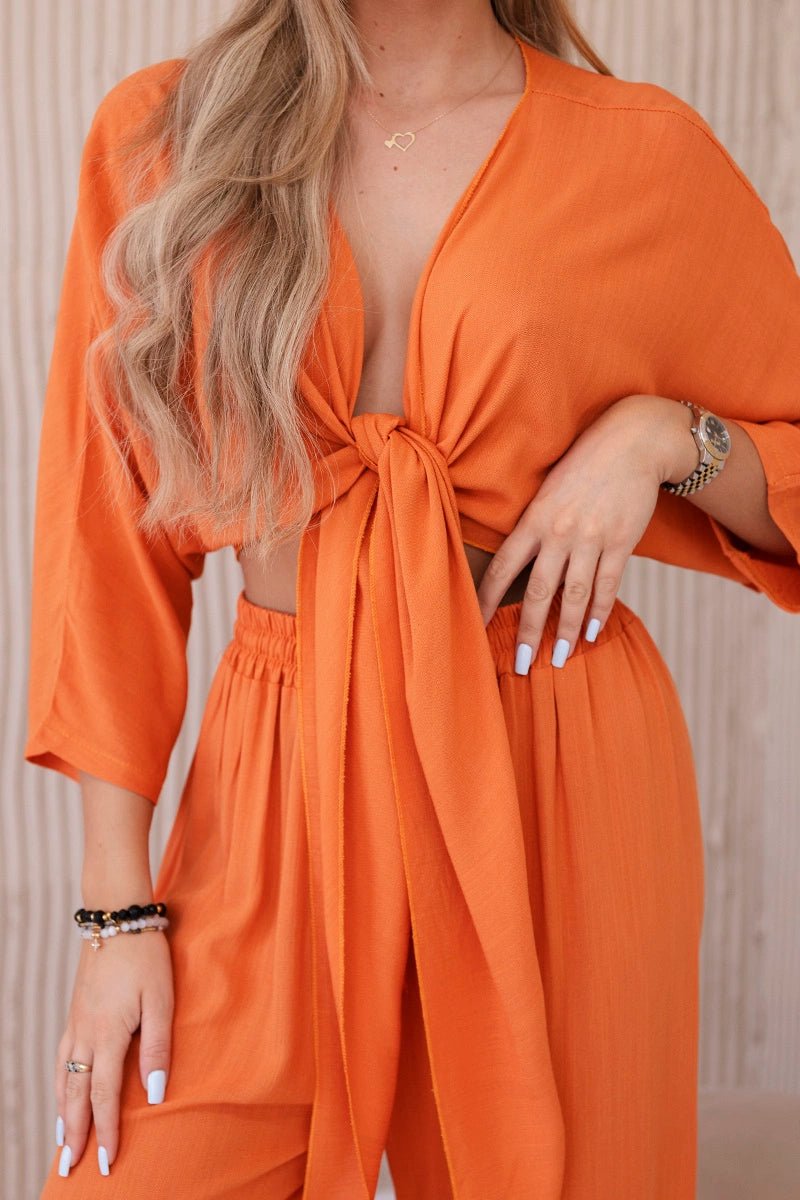 Viscose set blouse tied at the bottom + trousers 6289 / – Orange цвет / color | Lexline Fashion