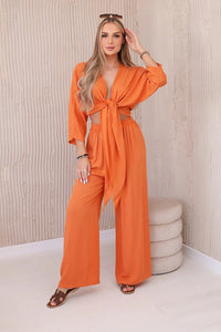 Viscose set blouse tied at the bottom + trousers 6289 / – Orange цвет / color | Lexline Fashion