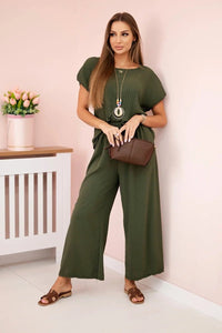 Viscose set pleated blouse + trousers ART5444 / – Khaki цвет / color | Lexline Fashion