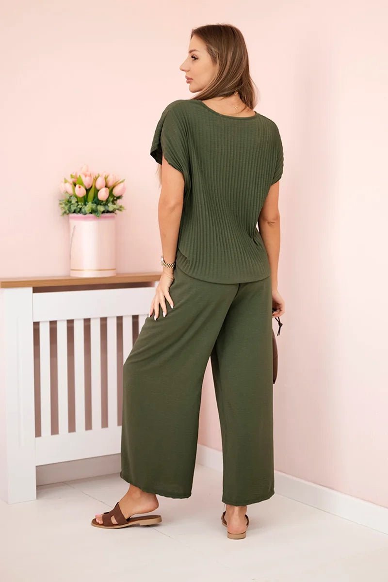 Viscose set pleated blouse + trousers ART5444 / – Khaki цвет / color | Lexline Fashion
