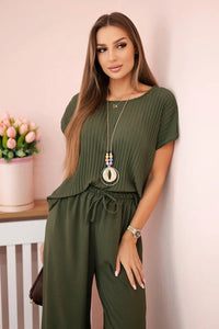 Viscose set pleated blouse + trousers ART5444 / – Khaki цвет / color | Lexline Fashion