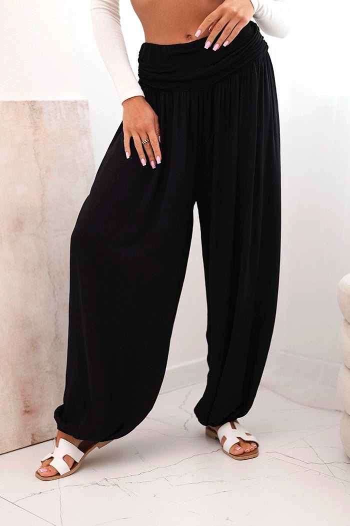 Wide viscose trousers with ruffles ART9700 / – Black цвет / color | Lexline Fashion