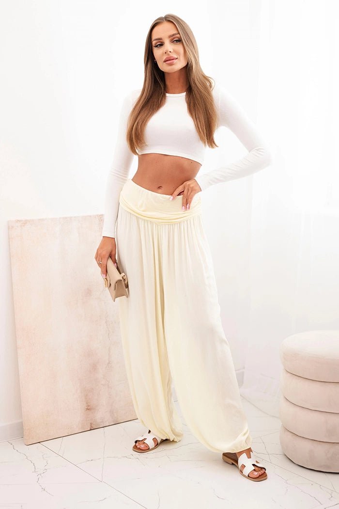 Wide viscose trousers with ruffles ART9700 / – Yellow цвет / color | Lexline Fashion