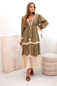 Women's boho dress with lace 6107 / – Khaki цвет / color | Lexline Fashion