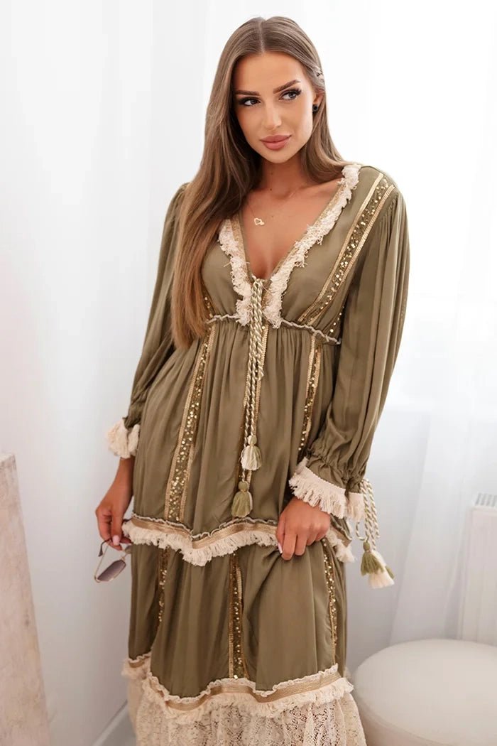 Women's boho dress with lace 6107 / – Khaki цвет / color | Lexline Fashion