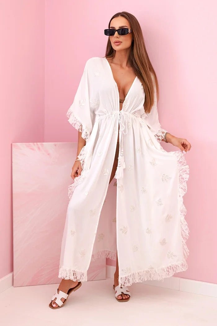 Women's boho viscose cape with lace 2240 / – Ecru цвет / color | Lexline Fashion