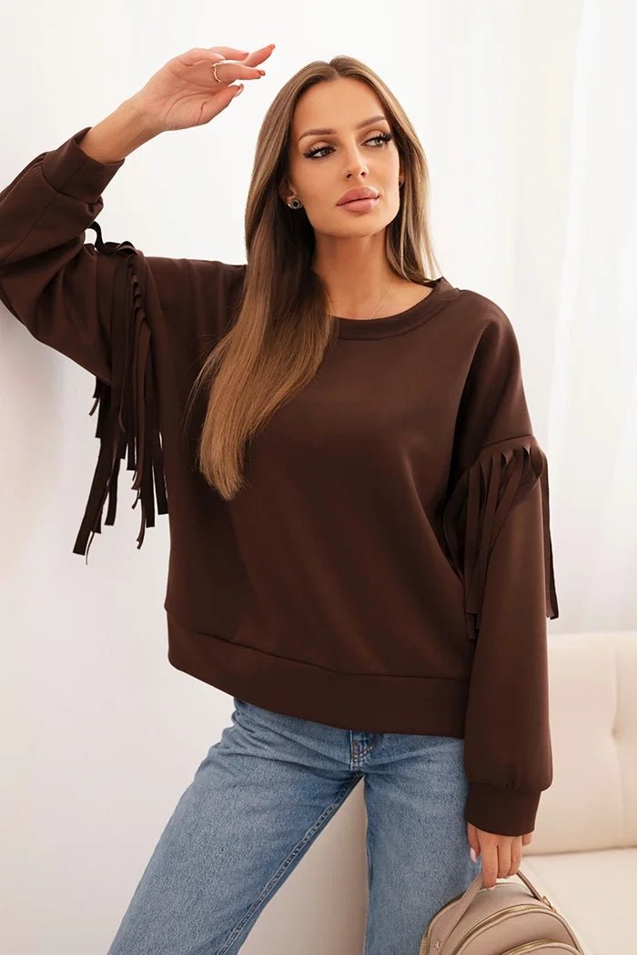 Women's butter - colored sweatshirt with decorative sleeves ART0324 / – Brown цвет / color | Lexline Fashion