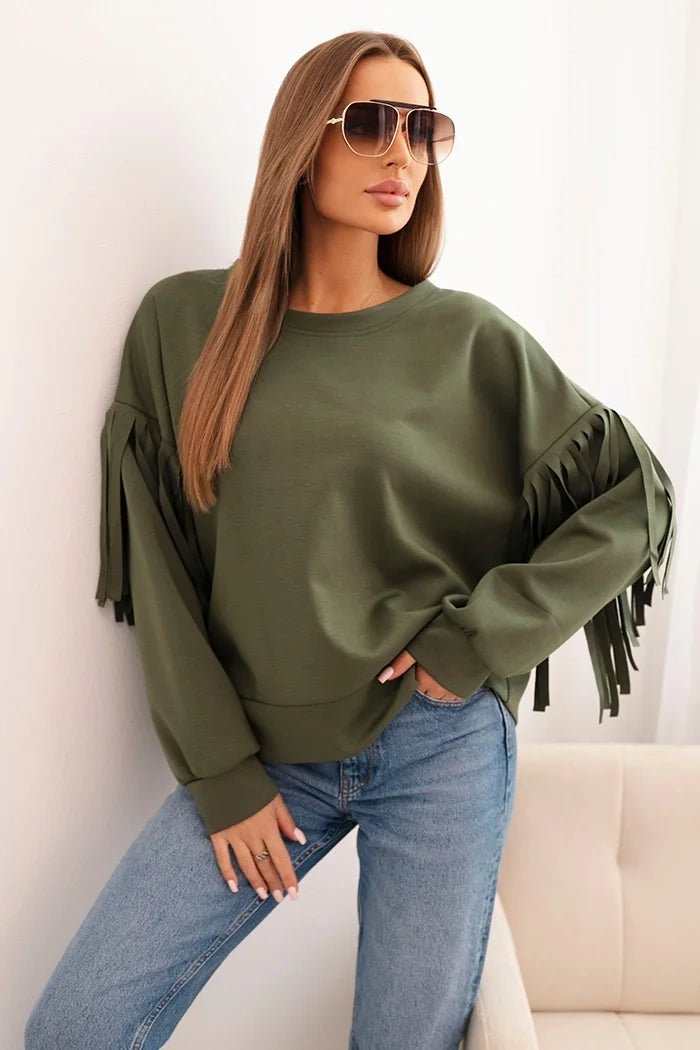 Women's butter - colored sweatshirt with decorative sleeves ART0324 / – Khaki цвет / color | Lexline Fashion