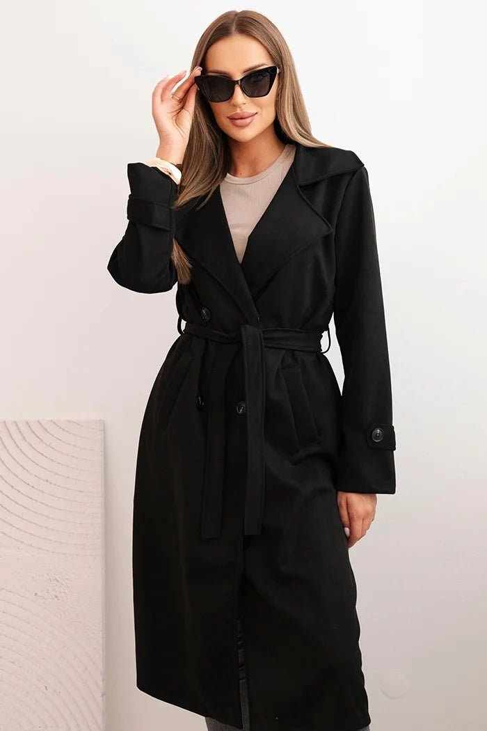 Women's coat tied at the waist with a collar and buttons ART4595 / – Black цвет / color | Lexline Fashion