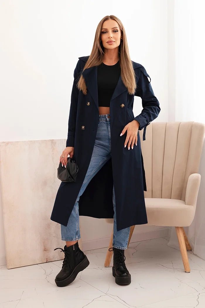 Women's coat tied at the waist with a collar ART4494 / – Navy blue цвет / color | Lexline Fashion