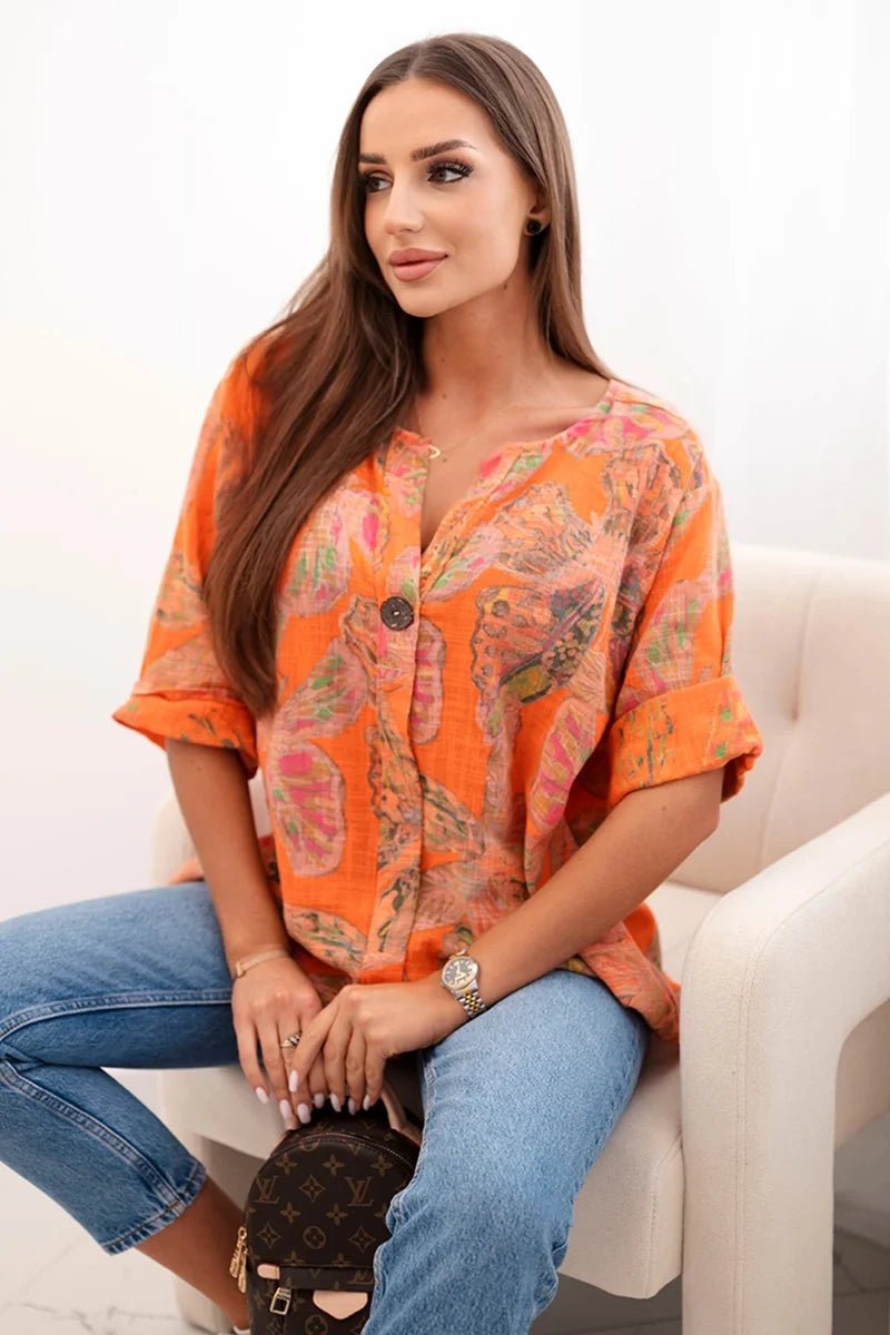 Women's cotton blouse with a pattern ART10881 / – Orange цвет / color | Lexline Fashion